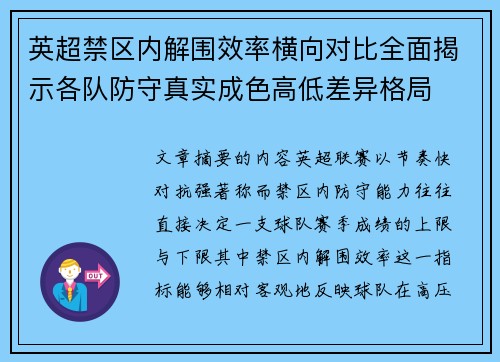 英超禁区内解围效率横向对比全面揭示各队防守真实成色高低差异格局 英超禁区内解围效率横向对比全面揭示各队防守真实成色高低差异格局